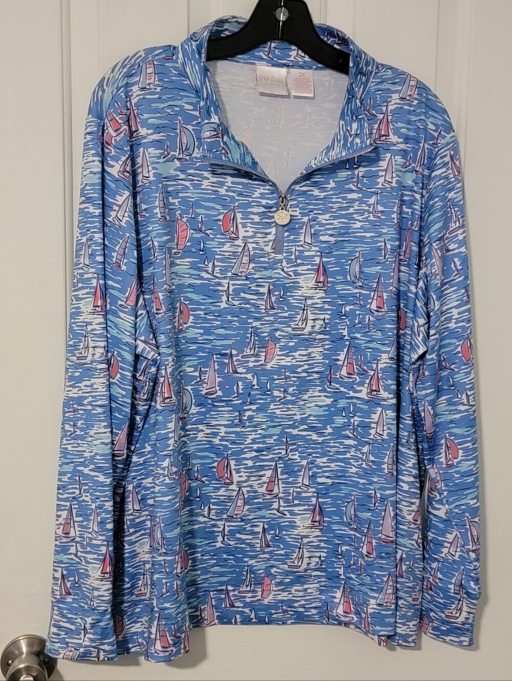 Stella Parker 1/4 Zip Pullover Whimsical Sailboat Print Long Sleeve Size 2X